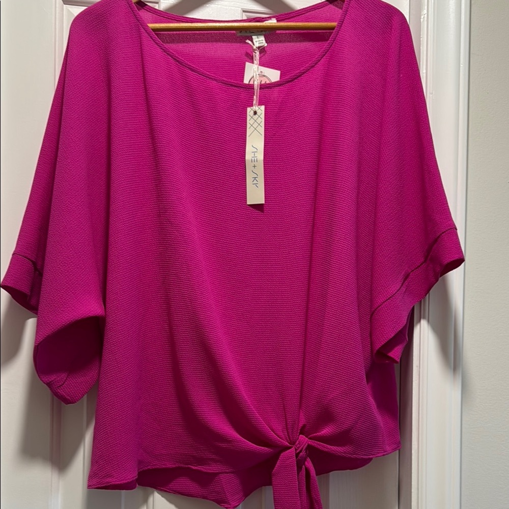 She + Sky Pink Blouse with Bell Sleeves and Tie Front